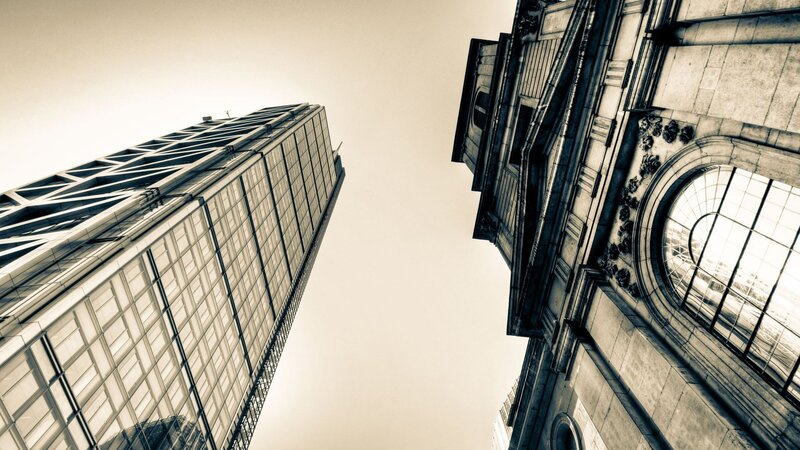 Tall Buildings from Below — Gray, Dramatic, Photograph