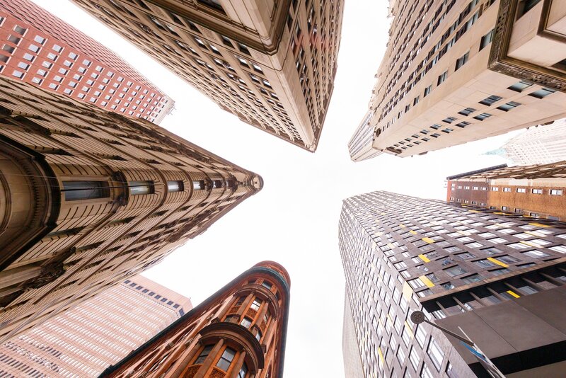 Tall Buildings from Below — Gray, Dramatic