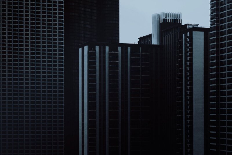Tall Buildings in City — Black, Dramatic, Night