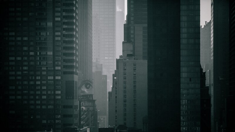 Tall Buildings in City — Black, Dramatic, Photograph