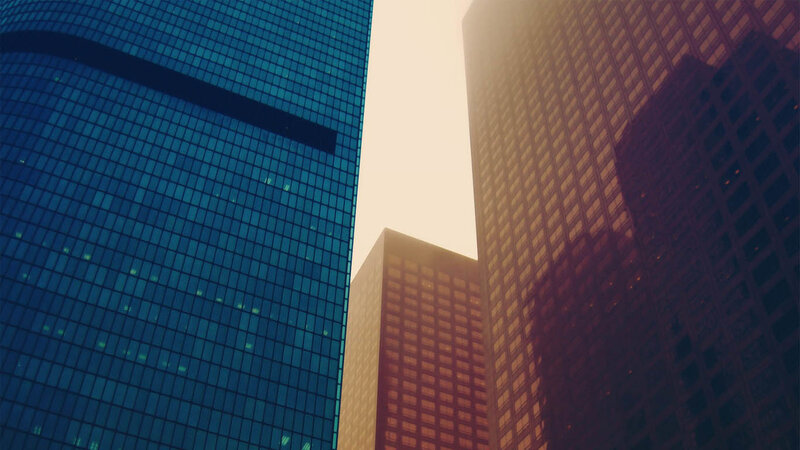 Tall Buildings in City — Blue, Dramatic, Sunset, Photograph, Skyscrapers, Sunlight