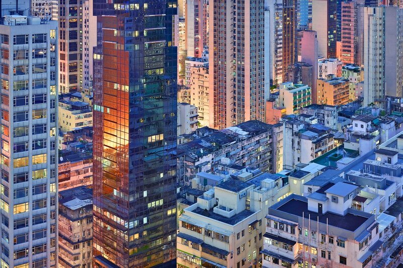 Tall Buildings in City — Blue, Dramatic, Sunset, Photograph