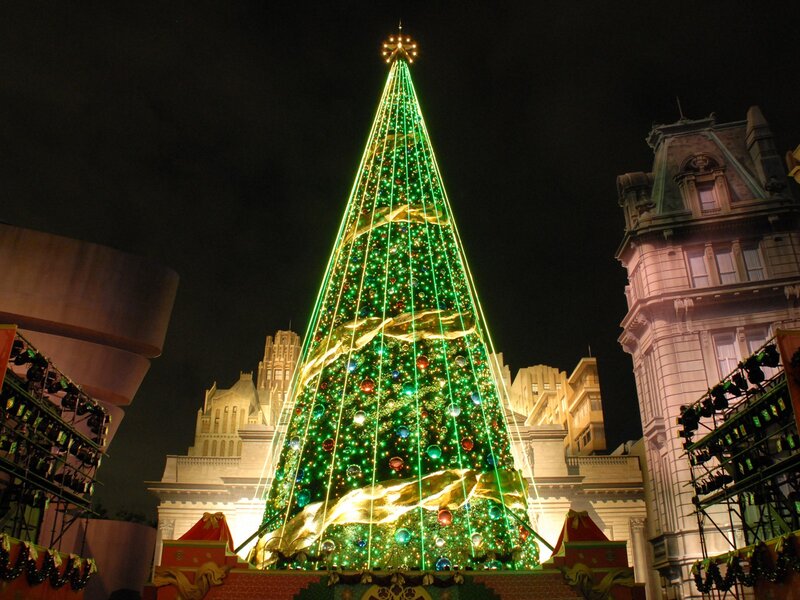 Tall Decorated Christmas Tree — Green, Festive, Night