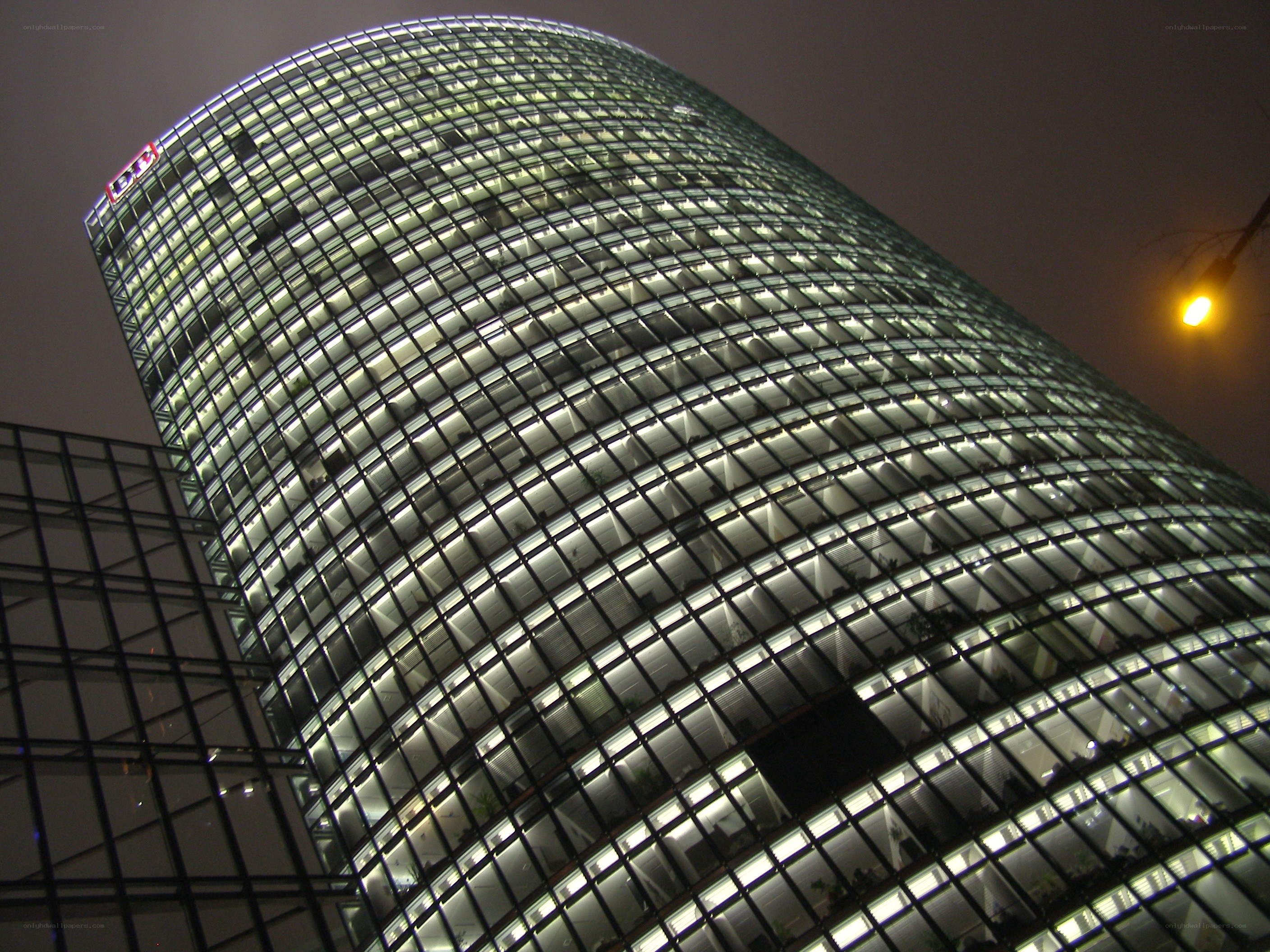 tall glass building at night
