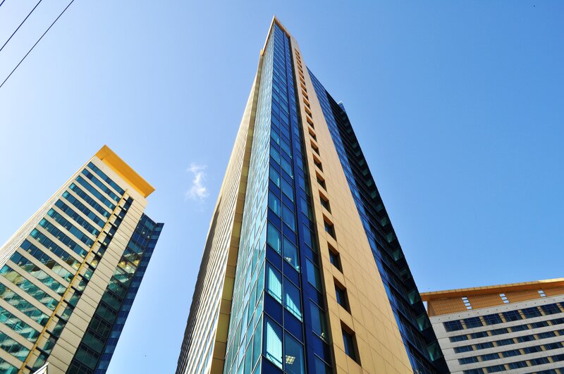 Tall Glass Buildings — Blue, Dramatic, Afternoon, Photograph, Skyscrapers