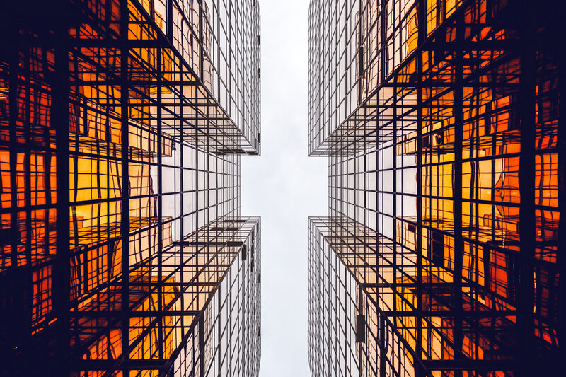 Tall Glass Buildings — Orange, Dramatic, Sunset