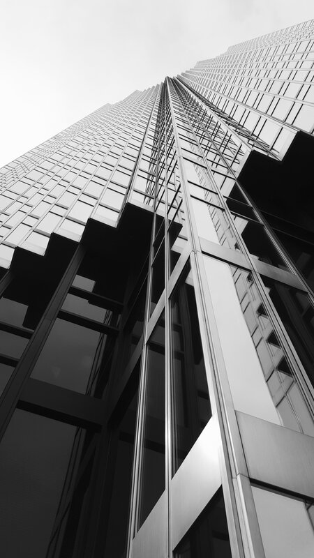 Tall Glass Skyscraper — Black, Dramatic, Photograph, Glass Facade