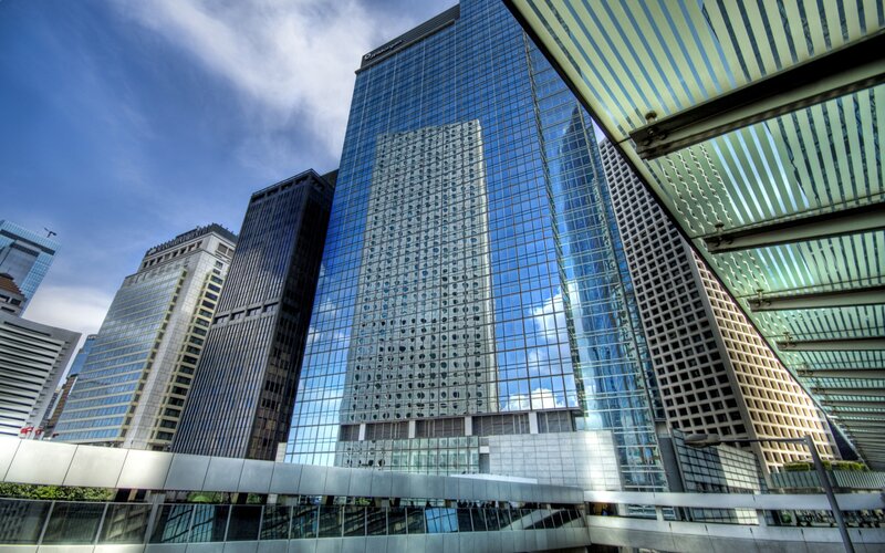 Tall Glass Skyscraper — Blue, Dramatic, Afternoon