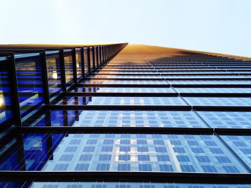 Tall Glass Skyscraper — Blue, Dramatic, Sunset