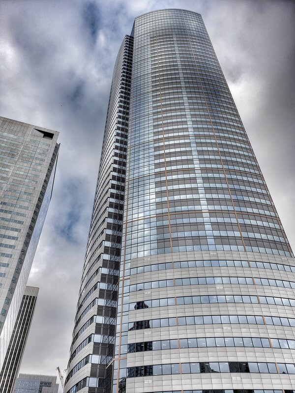 Tall Glass Skyscraper — Gray, Dramatic, Photograph, Clouds