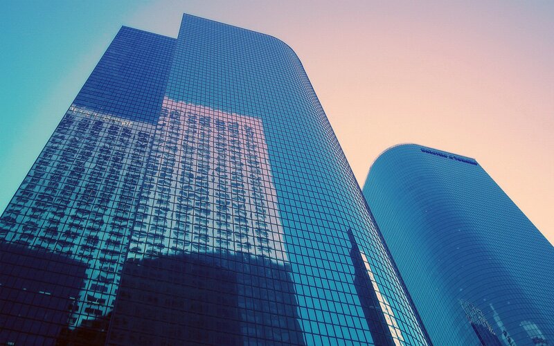 tall glass skyscrapers at sunset