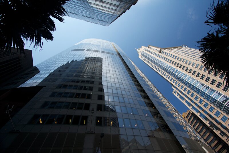 Tall Glass Skyscrapers — Blue, Dramatic, Afternoon, Photograph, Sky, Trees