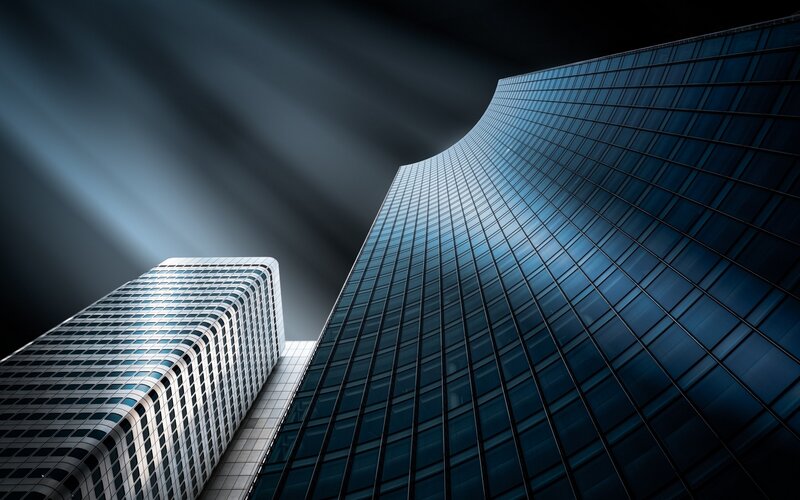 Tall Glass Skyscrapers — Blue, Dramatic, Night