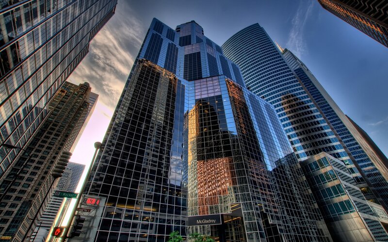Tall Glass Skyscrapers — Blue, Dramatic, Sunset, Photograph, Buildings, Sky