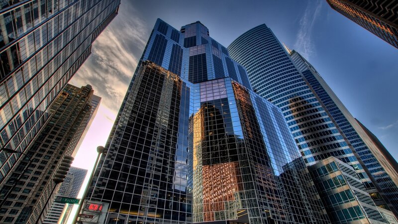 Tall Glass Skyscrapers — Blue, Dramatic, Sunset, Photograph