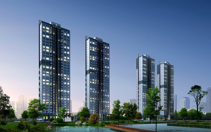Tall Residential Buildings — Blue, Serene