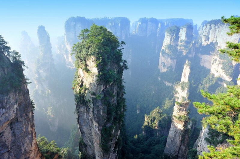 Tall Rock Pillars — Green, Serene, Morning