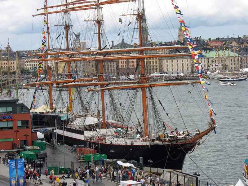 Tall Ship in Harbor — Black