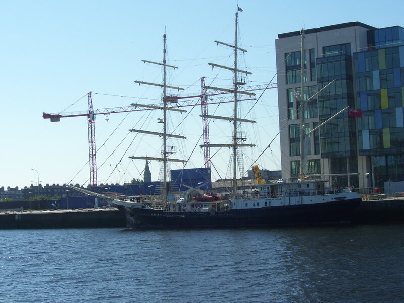 Tall Ship in Harbor — Blue, Calm