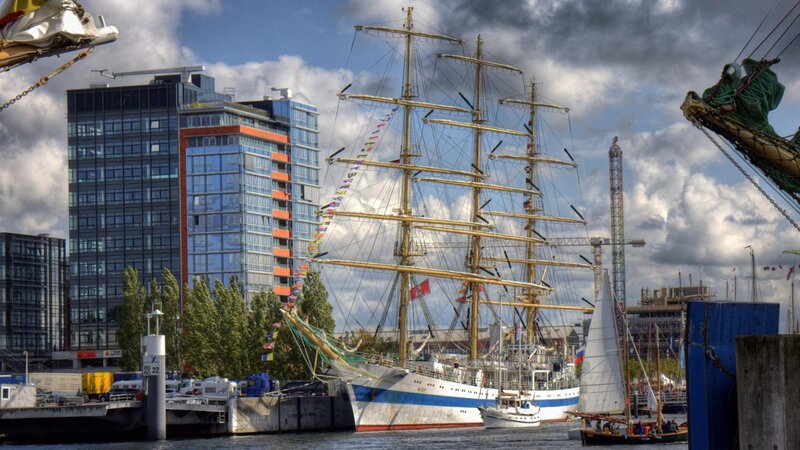 Tall Ship in Harbor — Blue, Dramatic