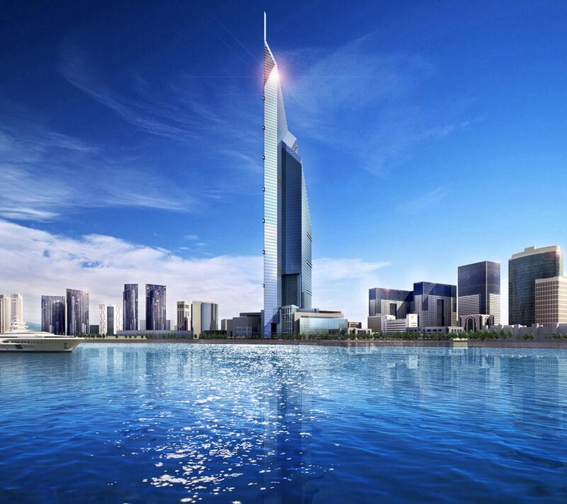 Tall Skyscraper by Water — Blue