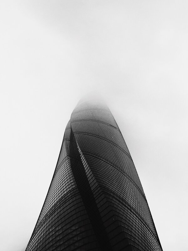 Tall Skyscraper in Fog — Black, Dramatic