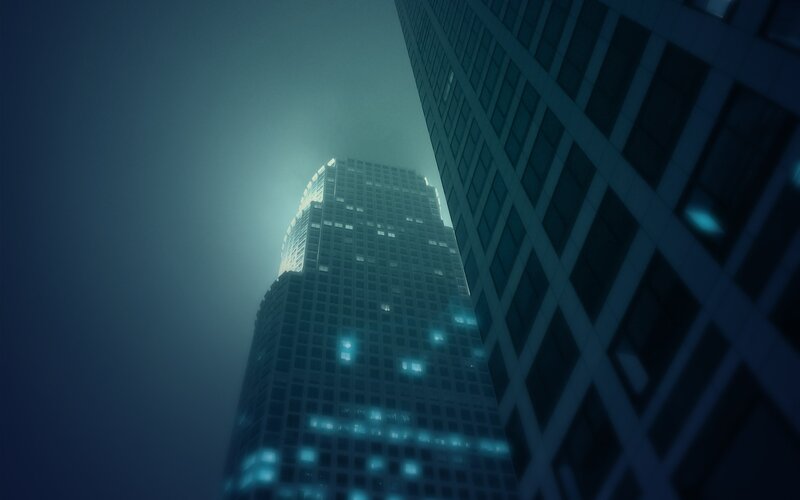 Tall Skyscraper in Fog — Blue, Moody, Mysterious