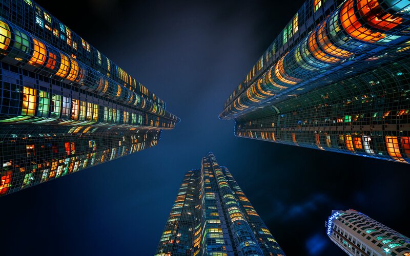 Tall Skyscrapers at Night — Blue, Dramatic, Photograph, Buildings