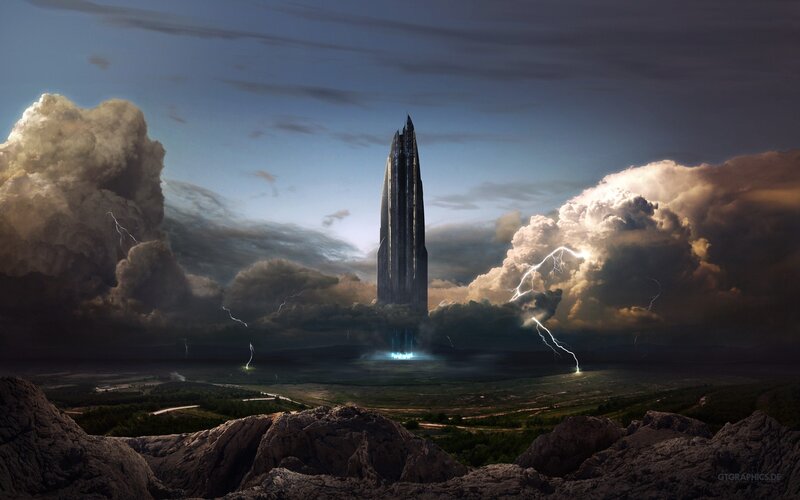 Tall Spire in Storm — Gray