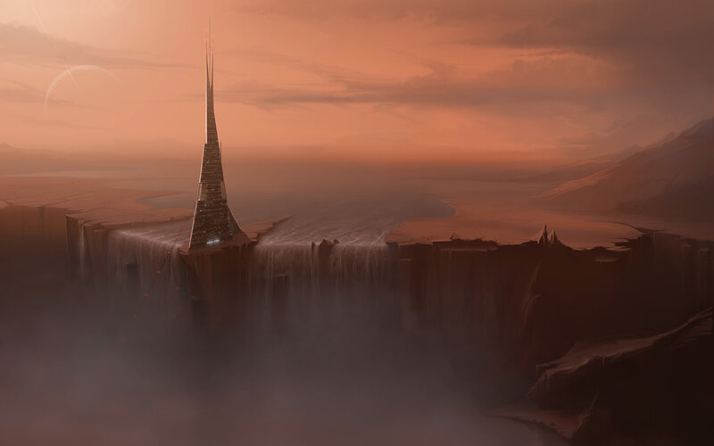 Tall Spire on Cliff — Orange, Dramatic
