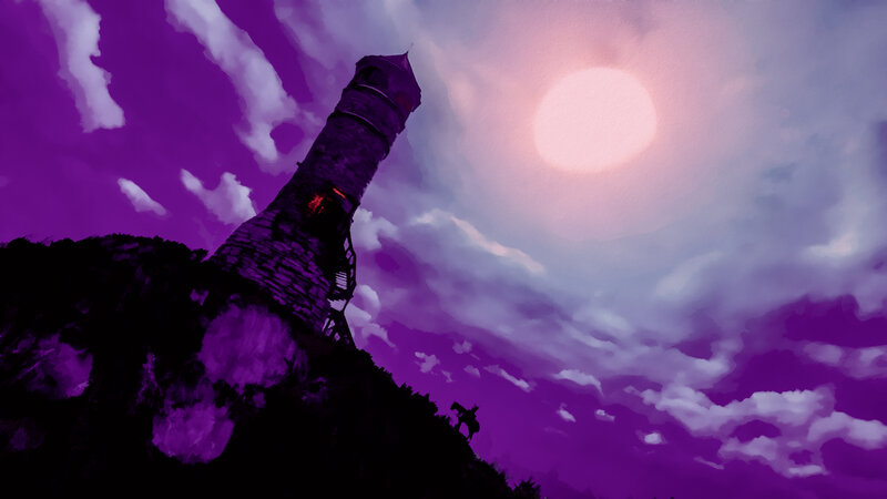 Tall Stone Tower — Purple, Dramatic, Night