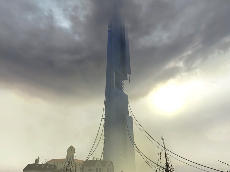 tall tower in cloudy sky