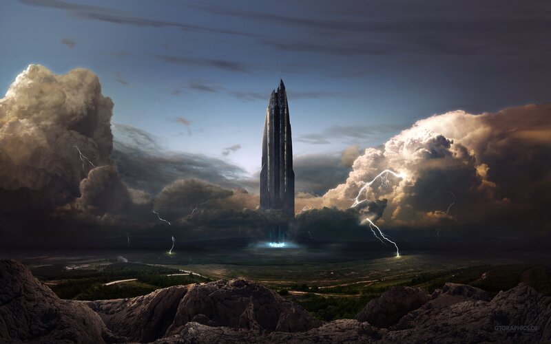 Tall Tower in Storm — Gray, Dramatic