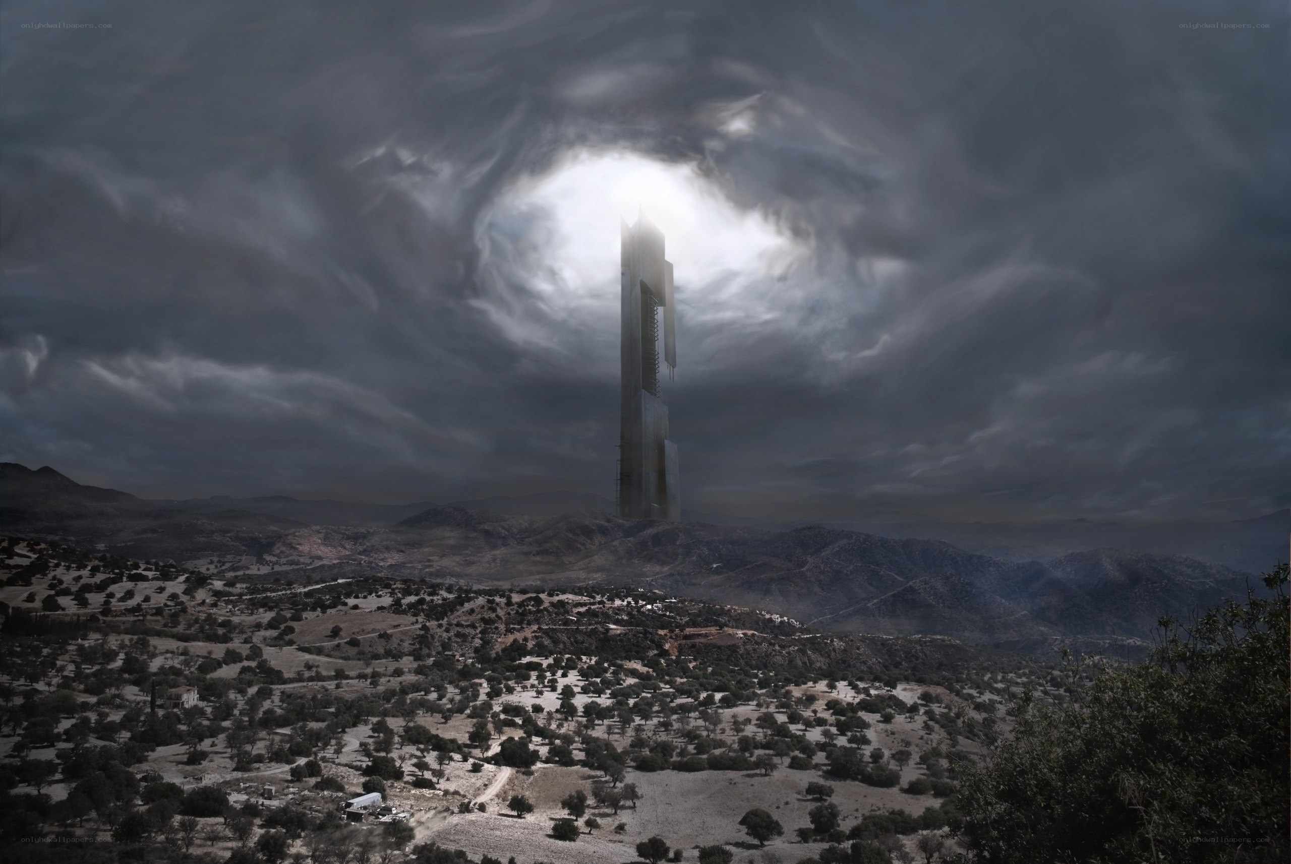 tall tower in stormy landscape