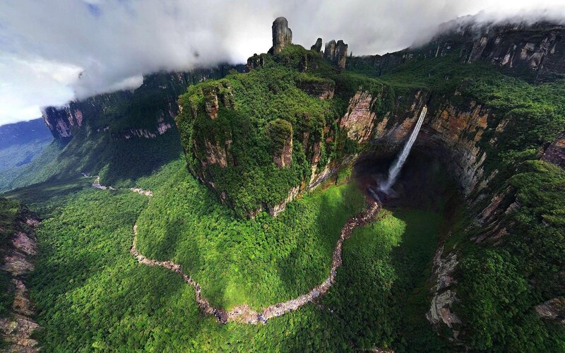 Tall Waterfall in Canyon — Green