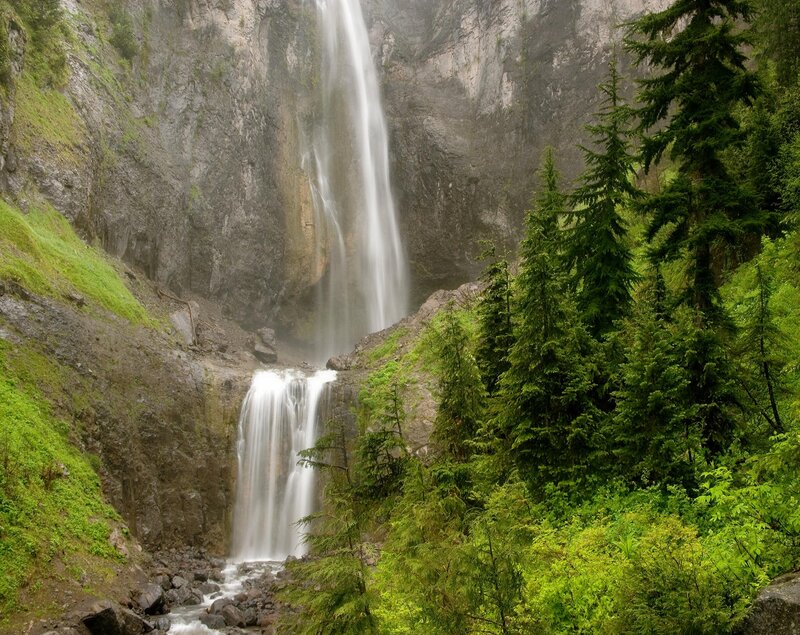 Tall Waterfall in Forest — Green