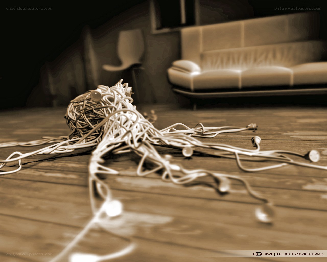 Tangled cables on wooden floor
