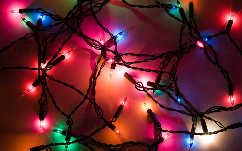 Tangled Christmas Lights — Red, Festive, Night, Photograph