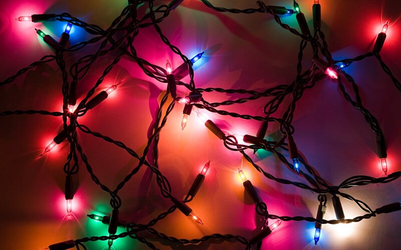 Tangled Christmas Lights — Red, Festive, Night, Photograph, Wires, Wall, Green