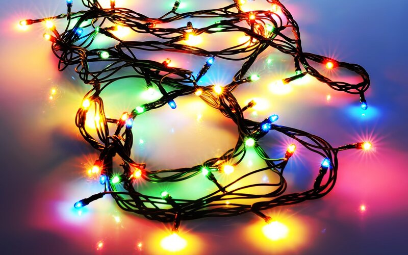 Tangled Christmas Lights — Red, Festive, Photograph