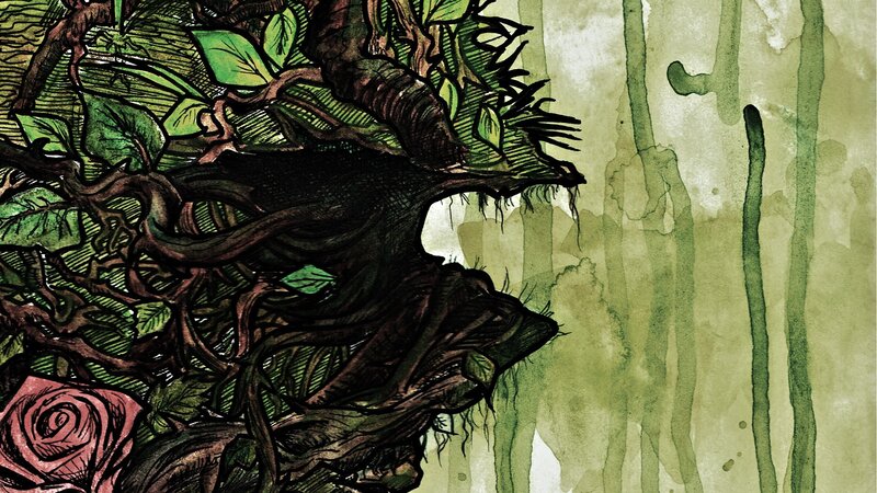 tangled tree roots and rose