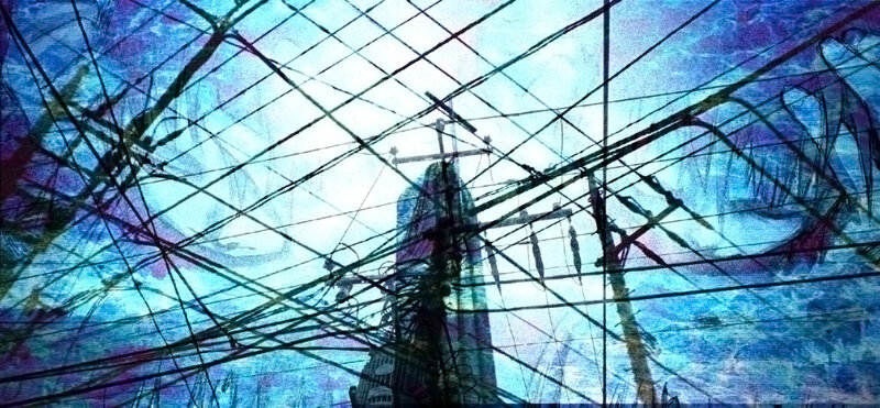 tangled wires over cityscape