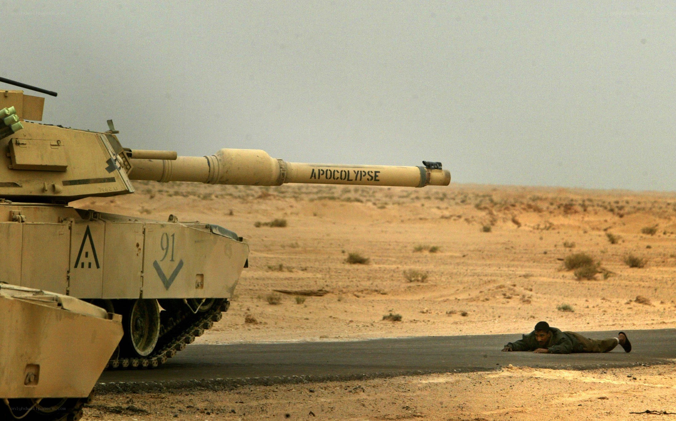 Tank and soldier in desert