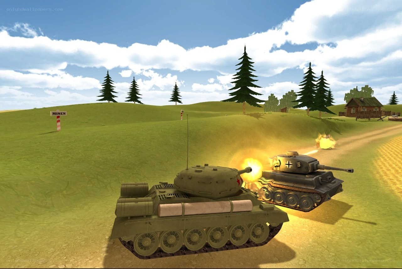Tank battle in a rural landscape