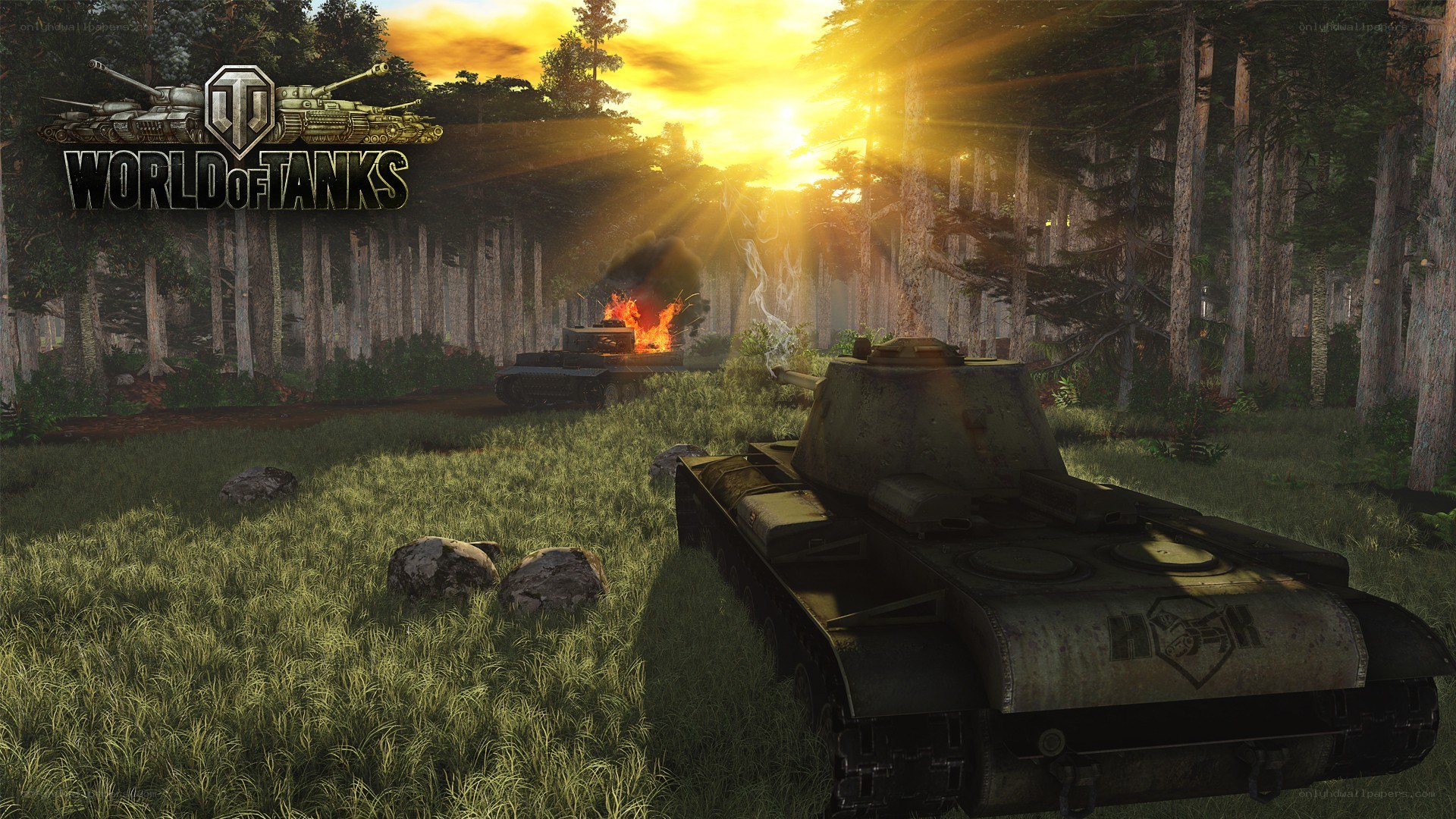 Tank battle in forest at sunset