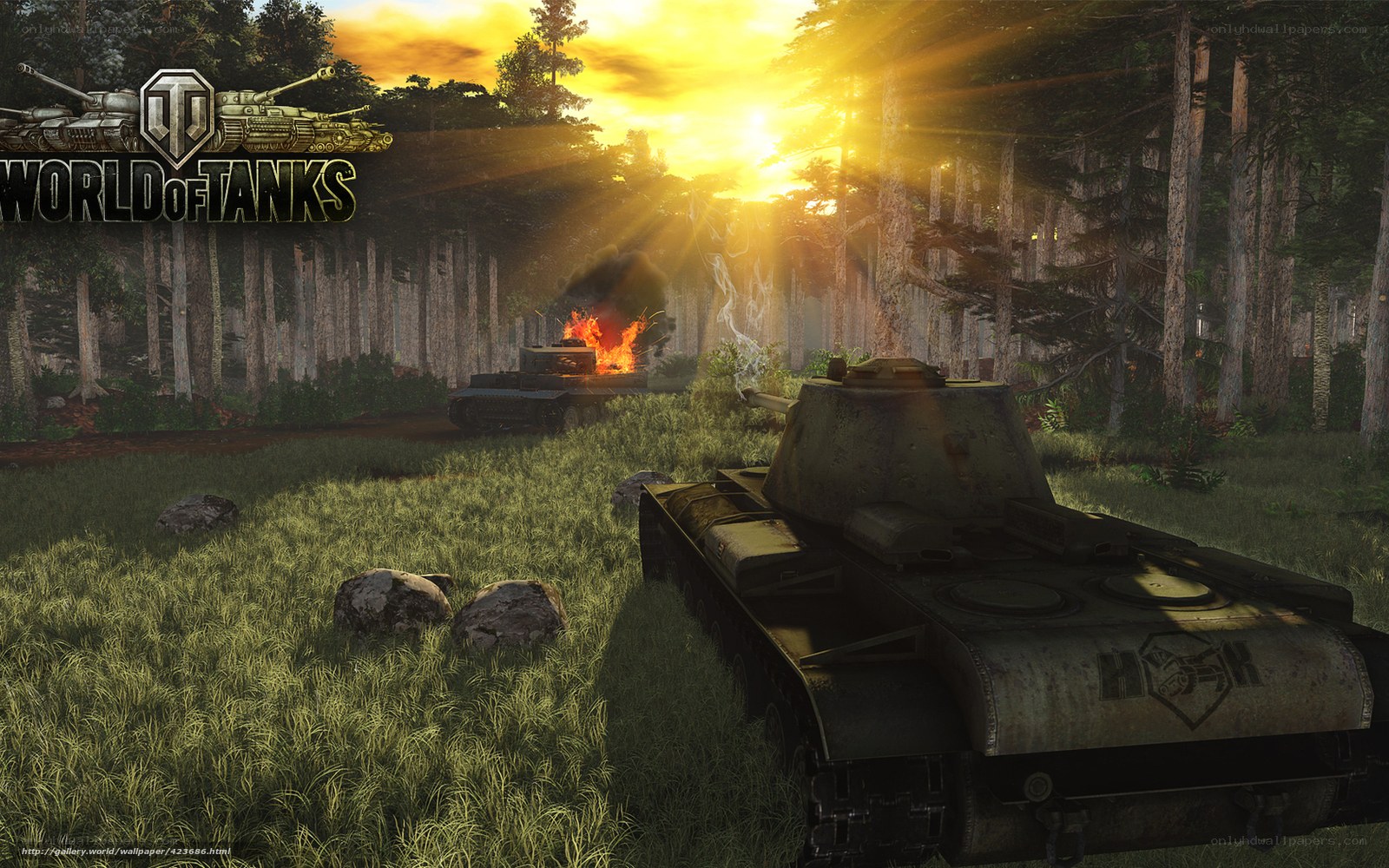 Tank battle in forest at sunset