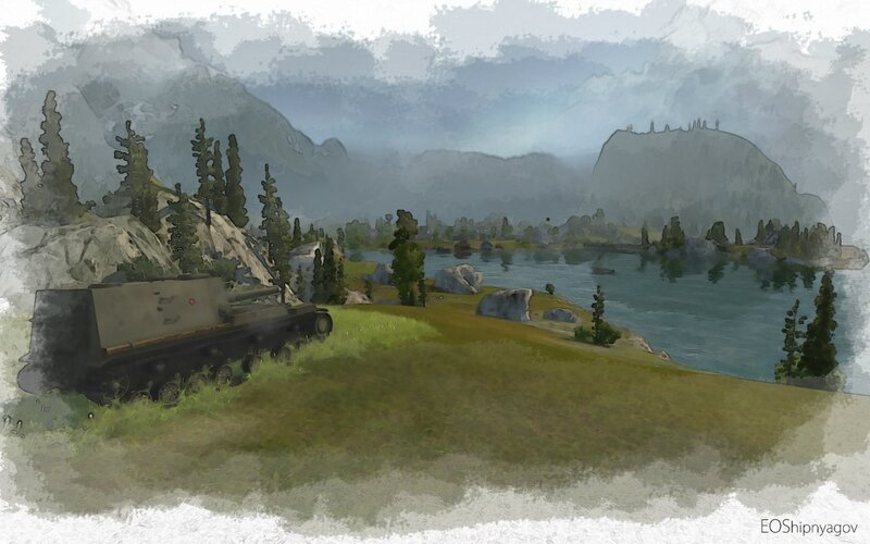 Tank by a lake in mountains