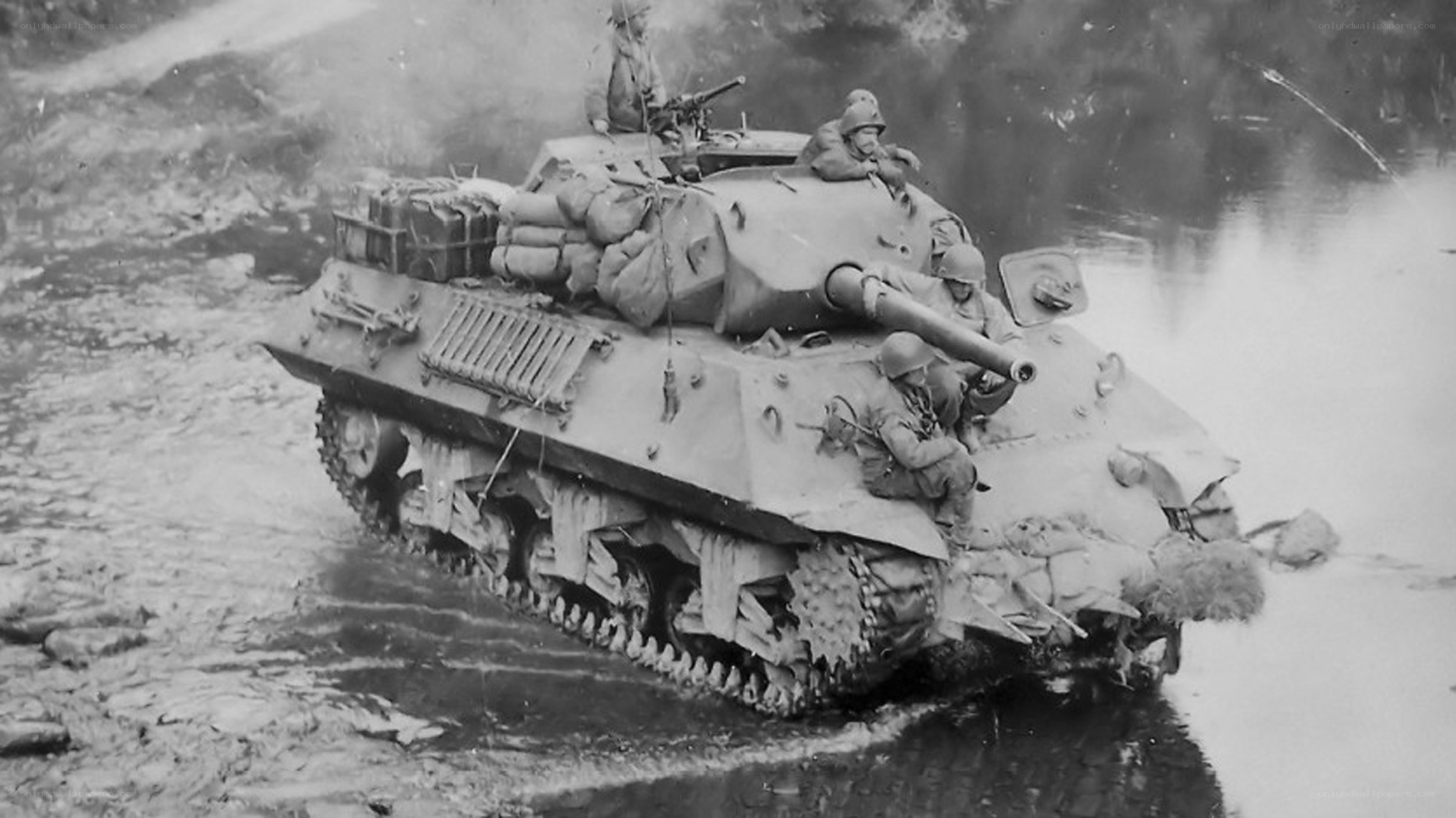Tank crossing river in wartime