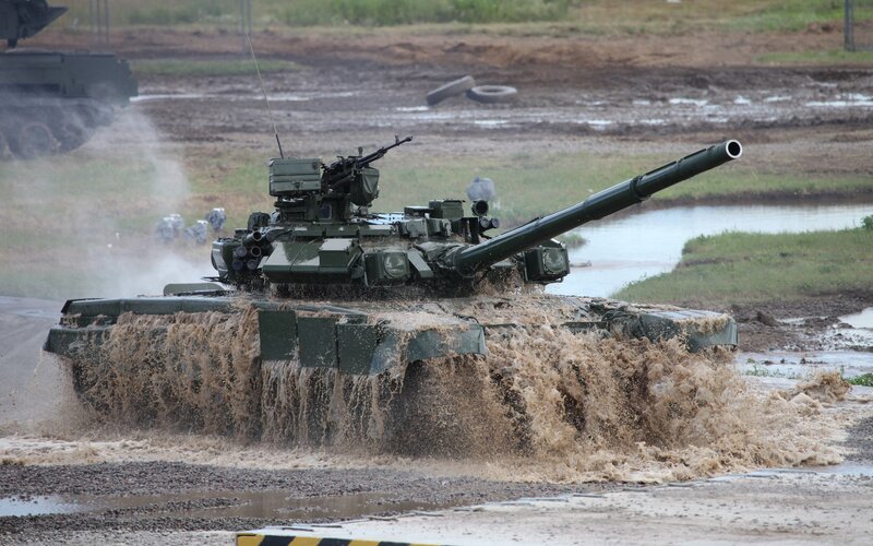 Tank Crossing Water — Green, Dramatic, Photograph, Mud
