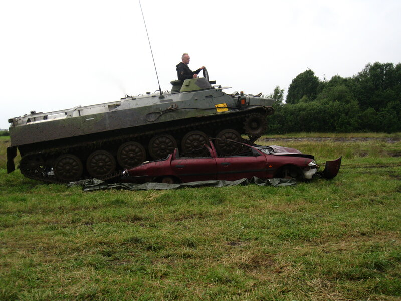 Tank Crushing Car — Green, Dramatic, Afternoon, Photograph